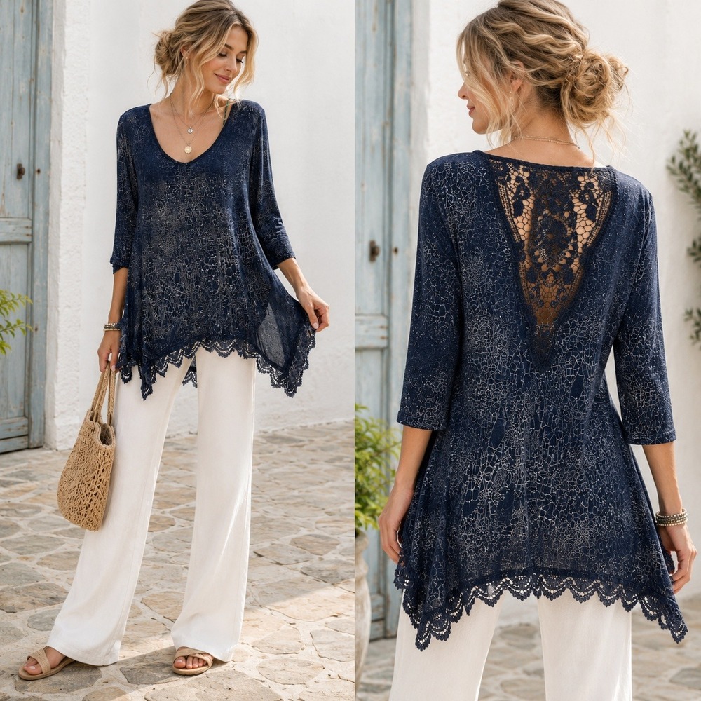 Ethereal Los Angeles Blue Crackle Lace Back Asymmetrical Tunic Top Small USA